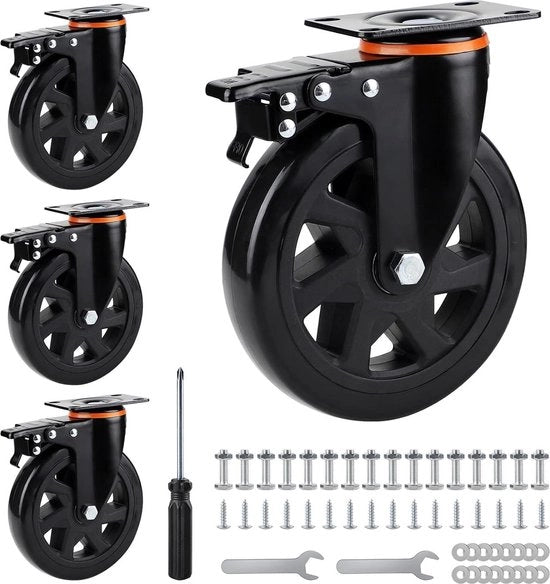 Ruote per mobili 150 mm con freno - 4 pezzi - carichi pesanti - accessori di montaggio - ruote per mobili - carico - poliuretano - 360 gradi girevoli - ruote per ombrelloni.
