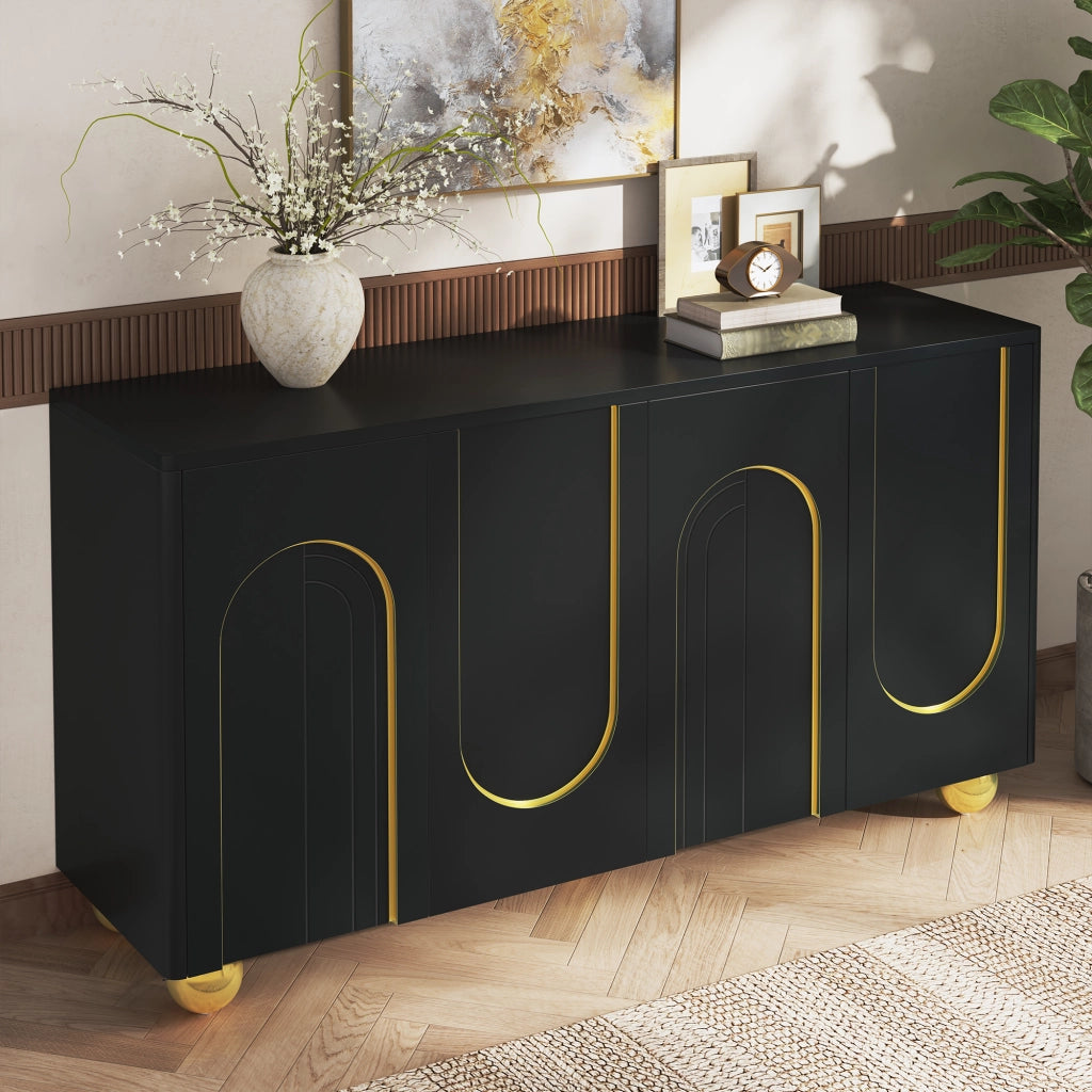 Credenza a 4 ante con rilievo ad arco dorato; 2 scomparti e ripiani; per sala da pranzo e soggiorno; nero; 140 × 40 × 74 cm