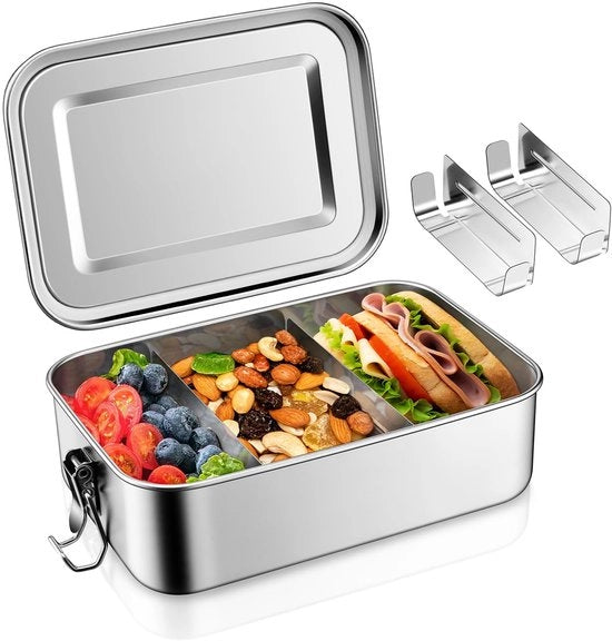 Bento Box in Acciaio Inossidabile da 1400 ml con Compartimenti, Grande Bento Box per Bambini e Adulti, Bento Box con Divisore Rimovibile per Picnic, Scuola, Lavoro, Senza Lavorazione e Chiusura Ermetica