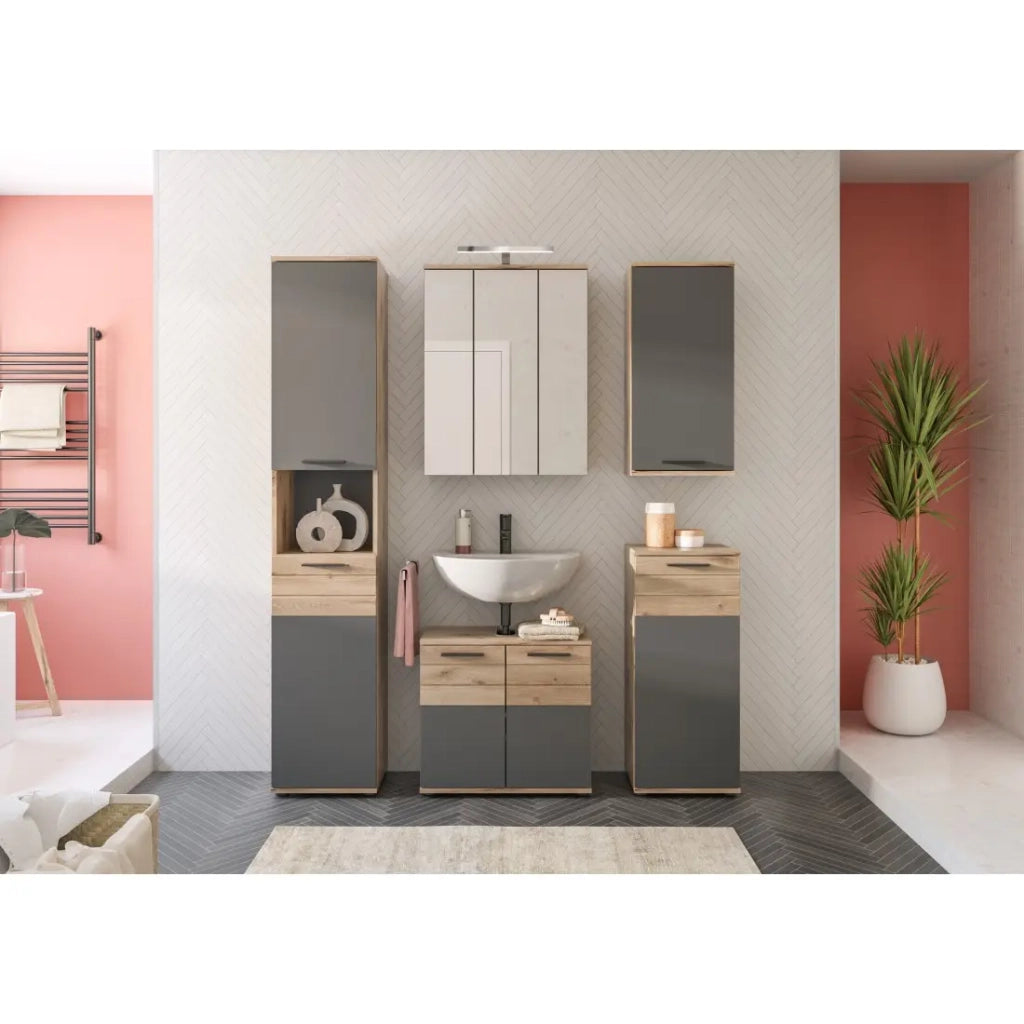 Set da bagno: Mobile sotto lavabo, colonna, mobiletto con specchio + 2 mezze colonne – Grigio antracite e