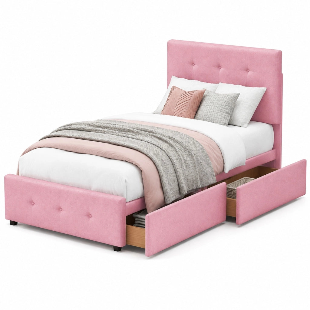 Letto imbottito con rete 90x200 cm; con testiera e cassetto contenitore; velluto rosa