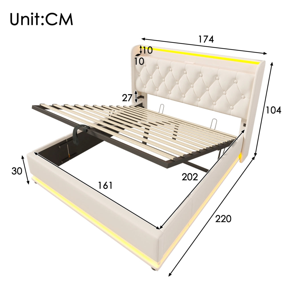 Letto matrimoniale imbottito 160x200 cm con LED; USB e contenitore idraulico; bianco PU