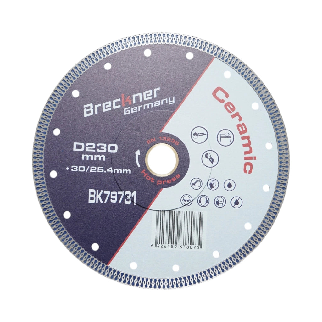 Disco diamantato turbo continuo 230x30/25,4 mm, segmento 10 mm per piastrelle, maiolica, ceramica dura Breckner Germany