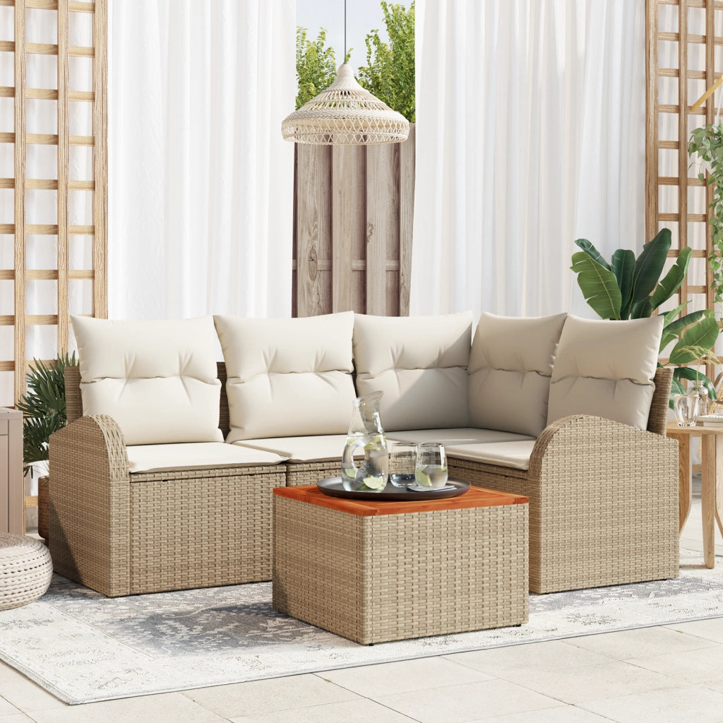 Set di Divani da Giardino  5 Pezzi Cuscini Beige Rattan Polietilene e Acacia