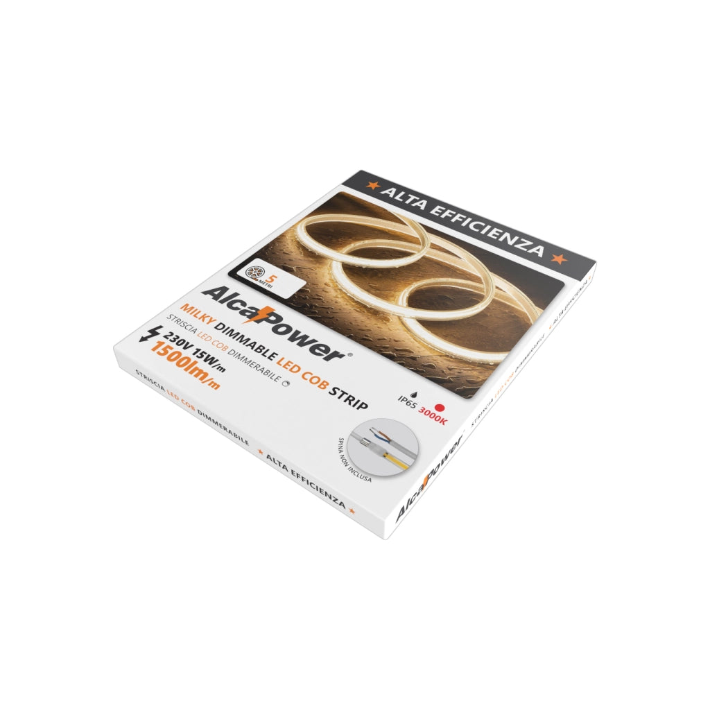 Alcapower Striscia LED professionale HEM IP65 5 metri 15W/m 3000K 230V, 1500lm/m alta efficienza luminosa, luce calda ideale per interni ed esterni