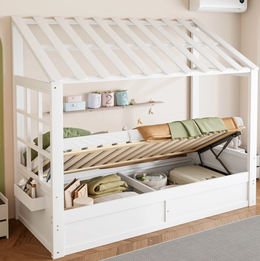 Letto per bambini 90x200 cm con contenitore idraulico e vani laterali; bianco
