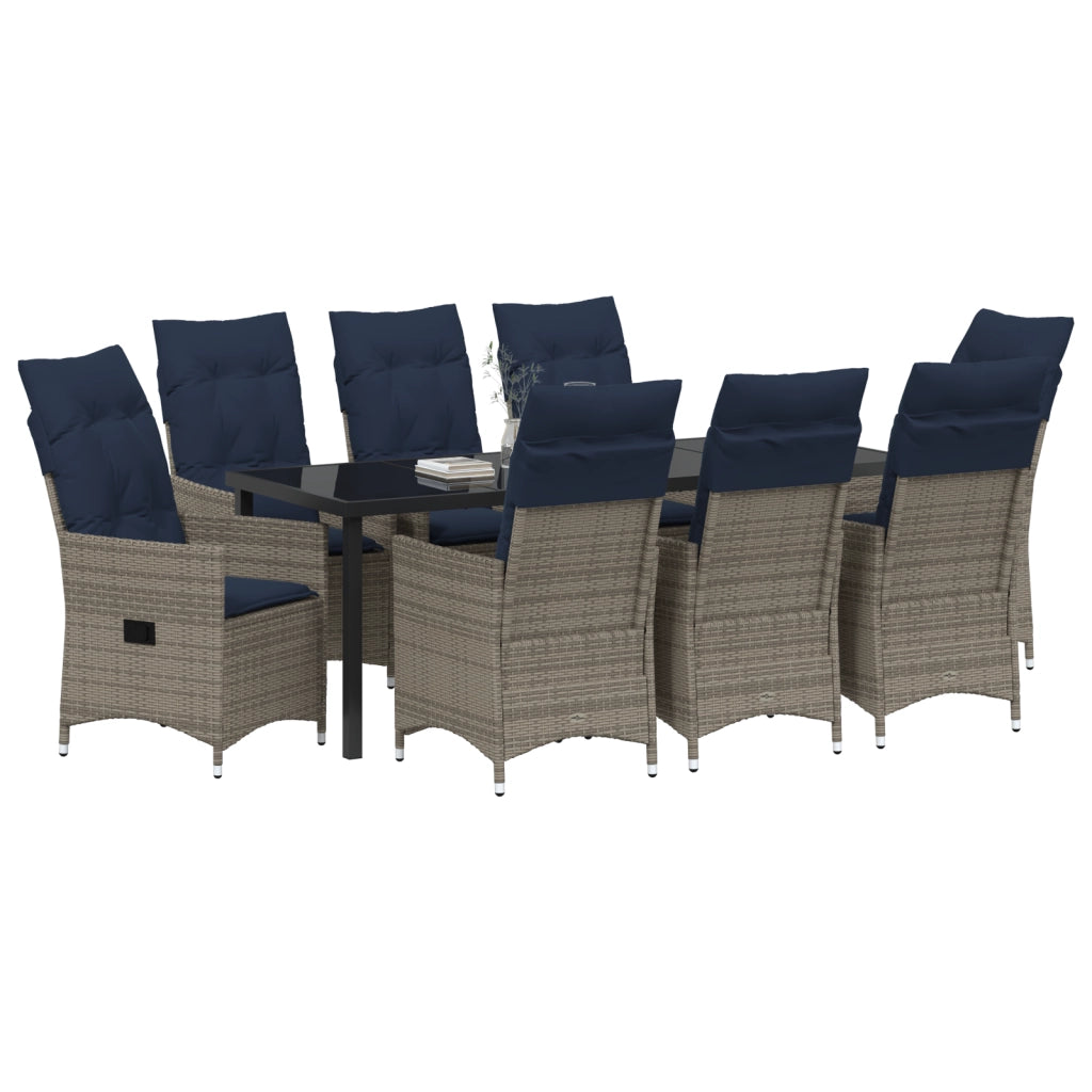 Set Pranzo Giardino 9 Pezzi con Cuscini Grigio Polyrattan