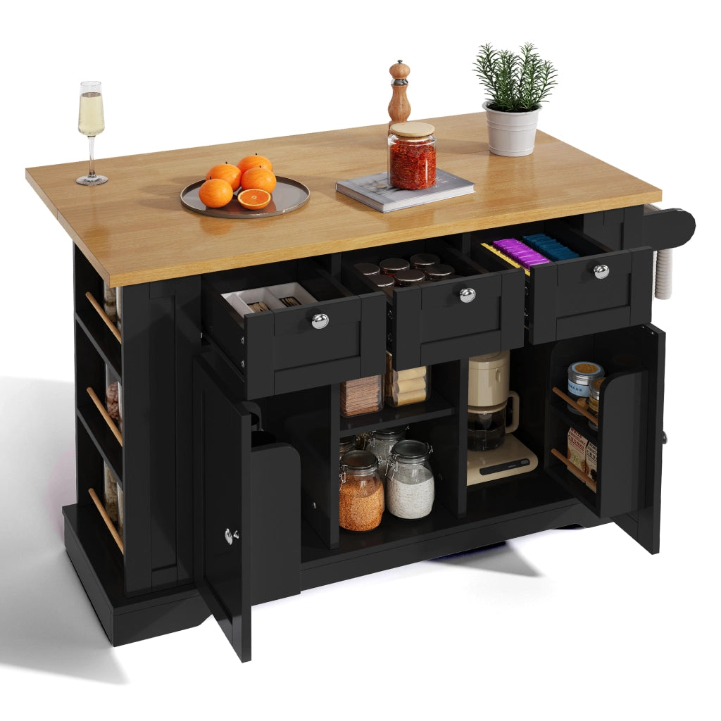Carrello da Cucina con 3 Cassetti; 2 Ante; Ripiani Aperti; Presa e Portasciugamani; Cucina; in MDF; 132x40x87 cm; Naturale e Nero