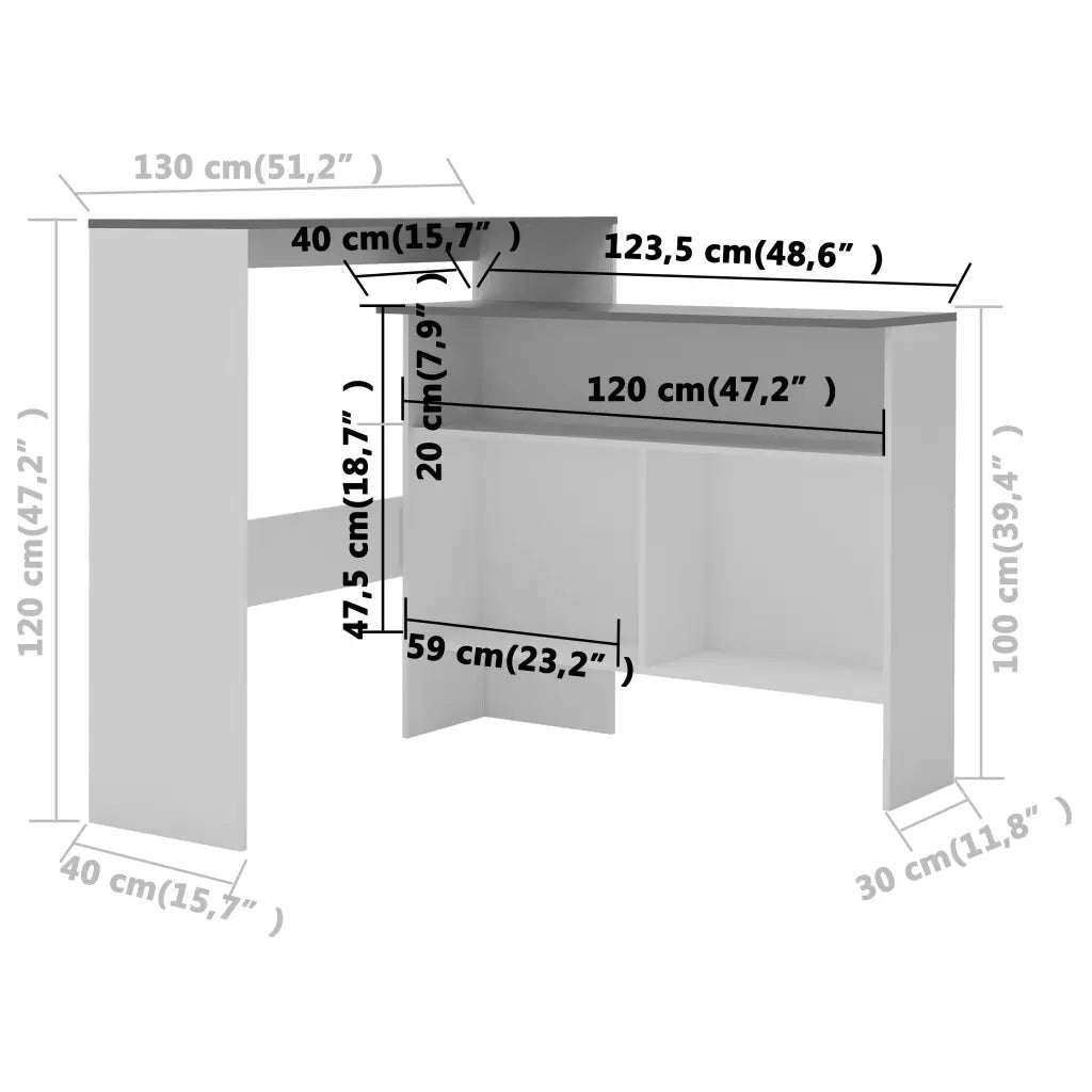 Tavolo Bar con 2 Piani d'Appoggio Bianco e Grigio 130x40x120cm 280221