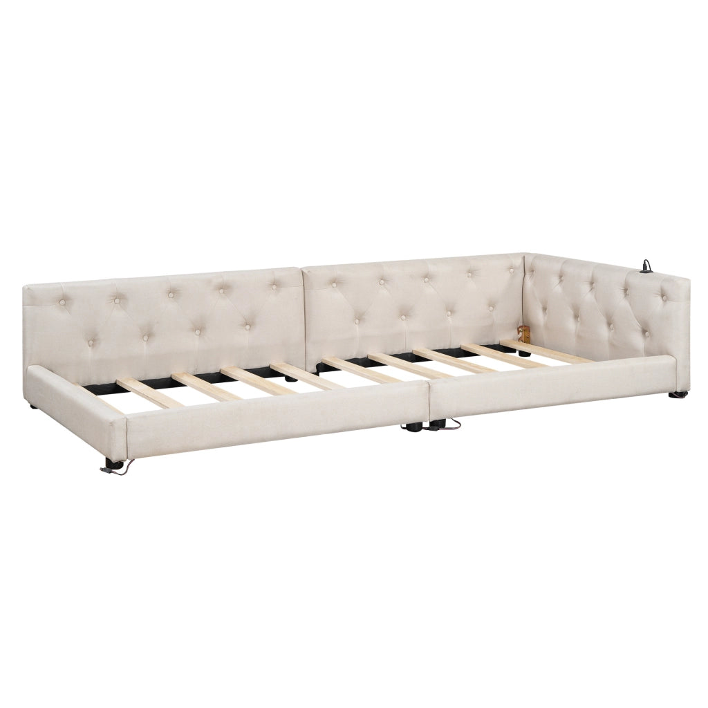 Letto daybed 90x200 cm con luci LED e USB Type-C in lino beige