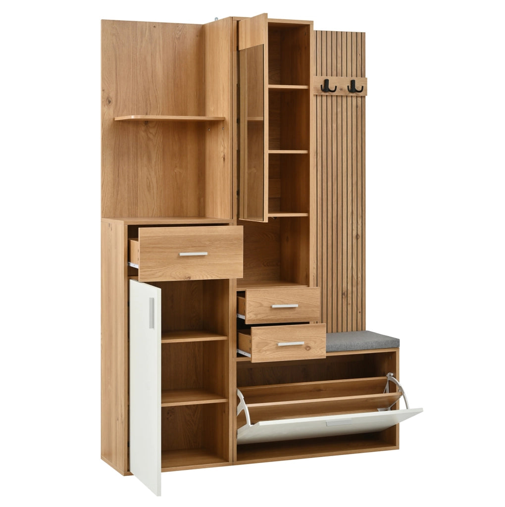 Garderoba da ingresso 120x32x178 cm multifunzione con specchio e LED in MDF; truciolato naturale bianco