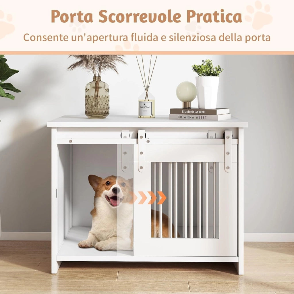 Cuccia per Cani da Esterno ed Interno, Gabbia in Legno con Ampio Piano Superiore, Porta Scorrevole, Tubi in Metallo Resistenti alla Masticazione, Casetta per Cani Piccoli e Medie (Bianco)