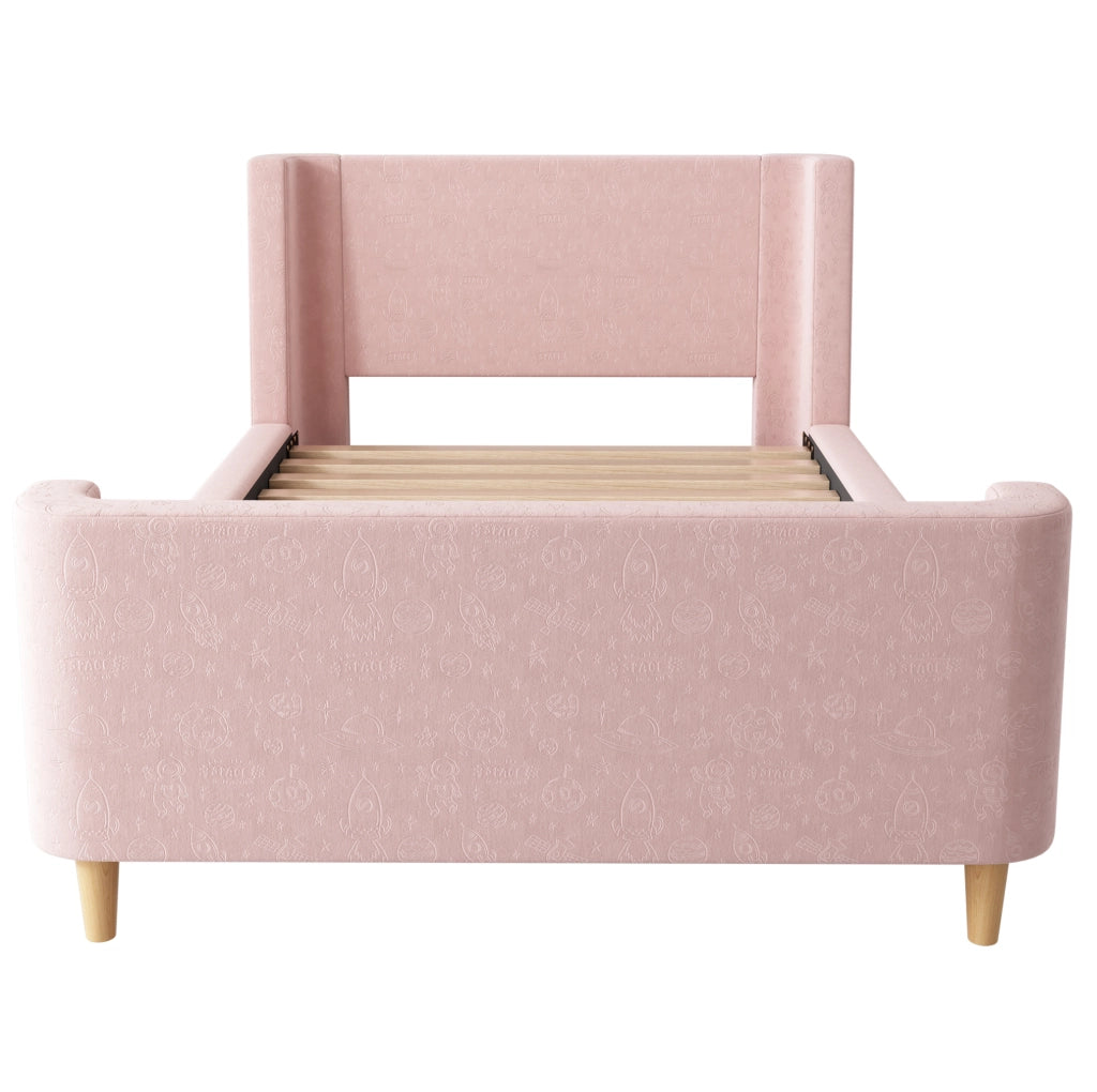 Letto singolo per bambini rosa 90x200 cm in velluto con motivo spaziale