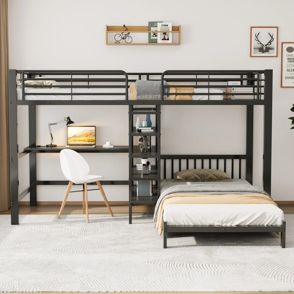Letto a soppalco per bambini 90 × 200 cm con scrivania, prese USB e Type-C, ripiani, senza materasso, nero
