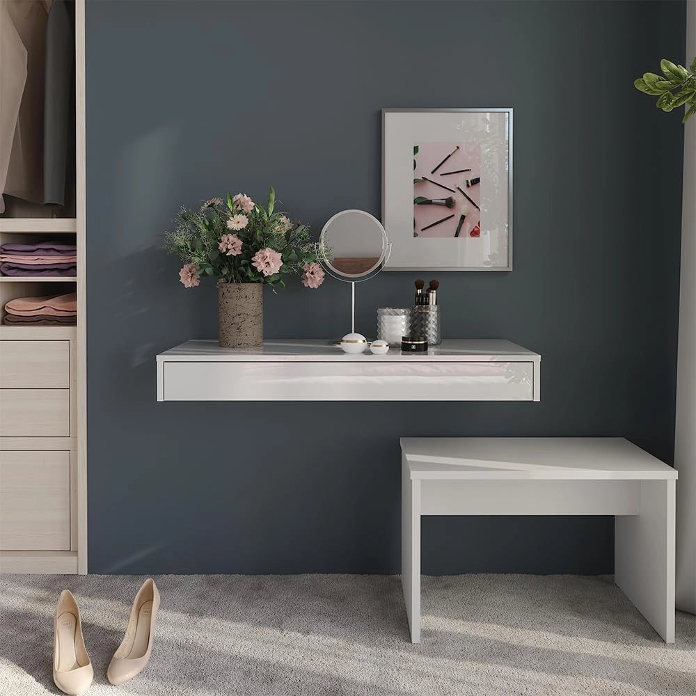 Libreria da parete Sherry, Bianco lucido, 100 x 12 cm con cassetto, adatto al montaggio a parete per riporre e organizzare