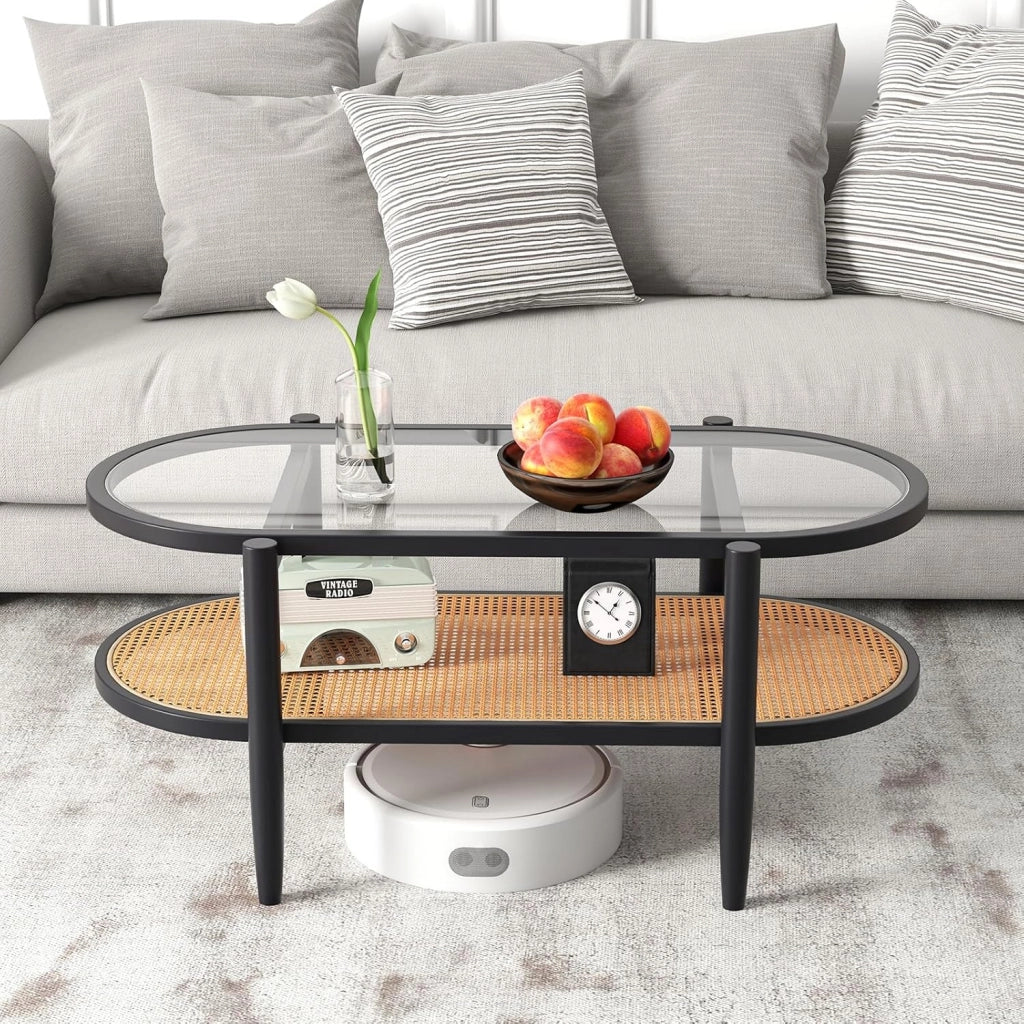 Tavolino da Salotto in Legno Massello e Vetro, Tavolino Basso a 2 Piani con Spazio di Archiviazione, Tavolo Ovale Elegante per Soggiorno e Ufficio (Nero)