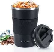 Tazza termica, tazza per caffè con coperchio ermetico, tazza termica, tazza isolata, acciaio inox, tazza da viaggio, per acqua calda e fredda, caffè e tè, 380 ml, nero