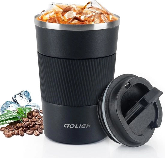 Tazza termica, tazza per caffè con coperchio ermetico, tazza termica, tazza isolata, acciaio inox, tazza da viaggio, per acqua calda e fredda, caffè e tè, 380 ml, nero