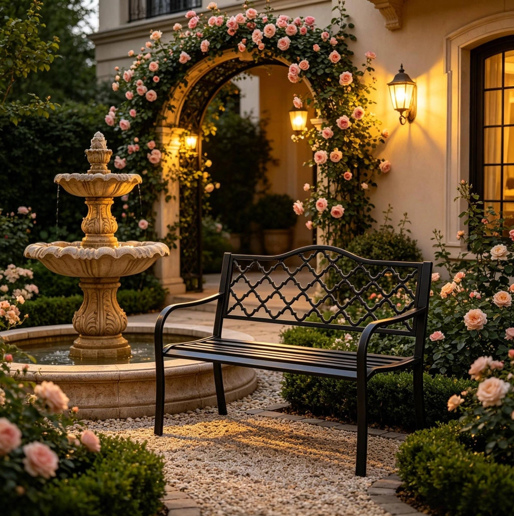 Panca da giardino a 3 posti con schienale alto; 128x60x89 cm; in metallo nero