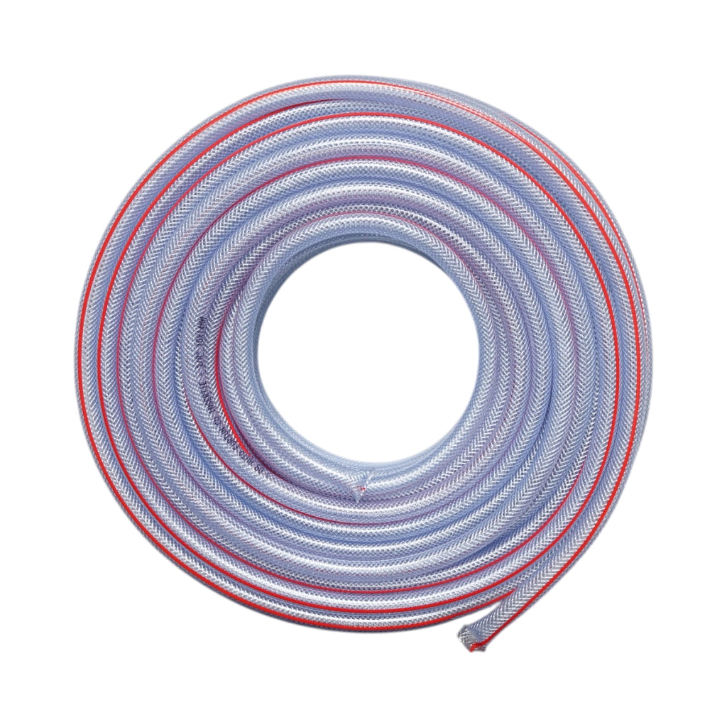 Tubo da giardino in PVC trasparente da 3/8 pollici (10 mm), PN9 bar, 10x14 mm con inserto tessile intrecciato, rotolo da 50 m