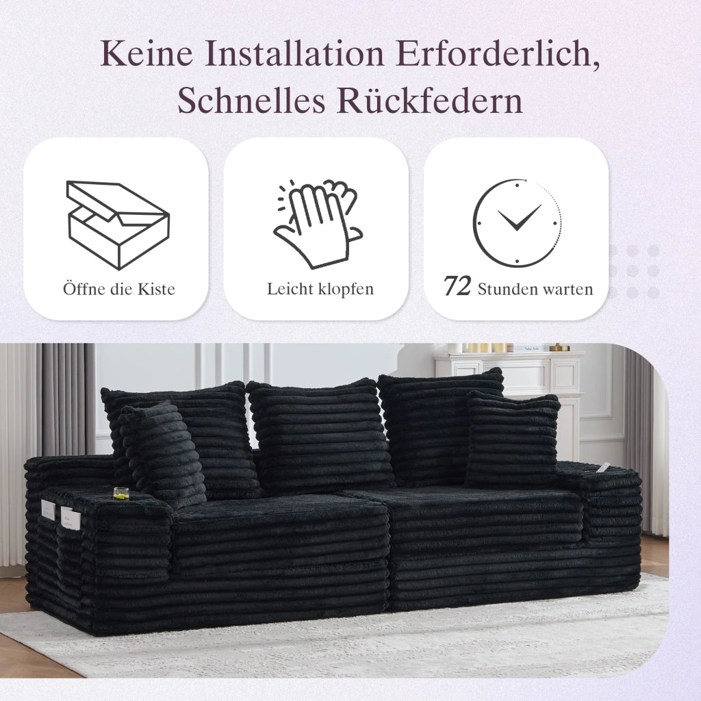 DIVANO LETTO 273x98x87 cm in velluto a coste nero, con tasche laterali e portabicchieri