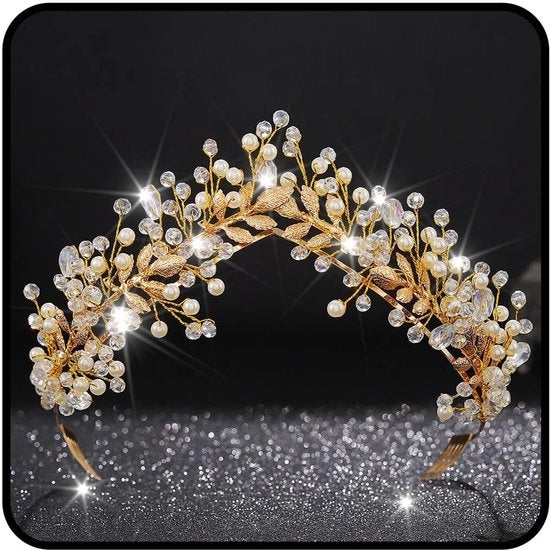 Corona di Festa per Bambine - Tiara in Oro con Strass - Decorazione per la Coda di Cavallo - Corona per Ragazze - Fascia per la Testa con Perle - Materiale Duraturo - Adattamento di Misura Flessibile