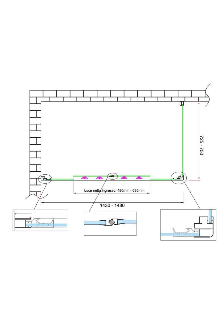 Box doccia 6 mm H 190 parete fissa e porta a 4 ante con apertura centrale MISURA 72,5-75 ANTA FISSA + PORTA 143-148