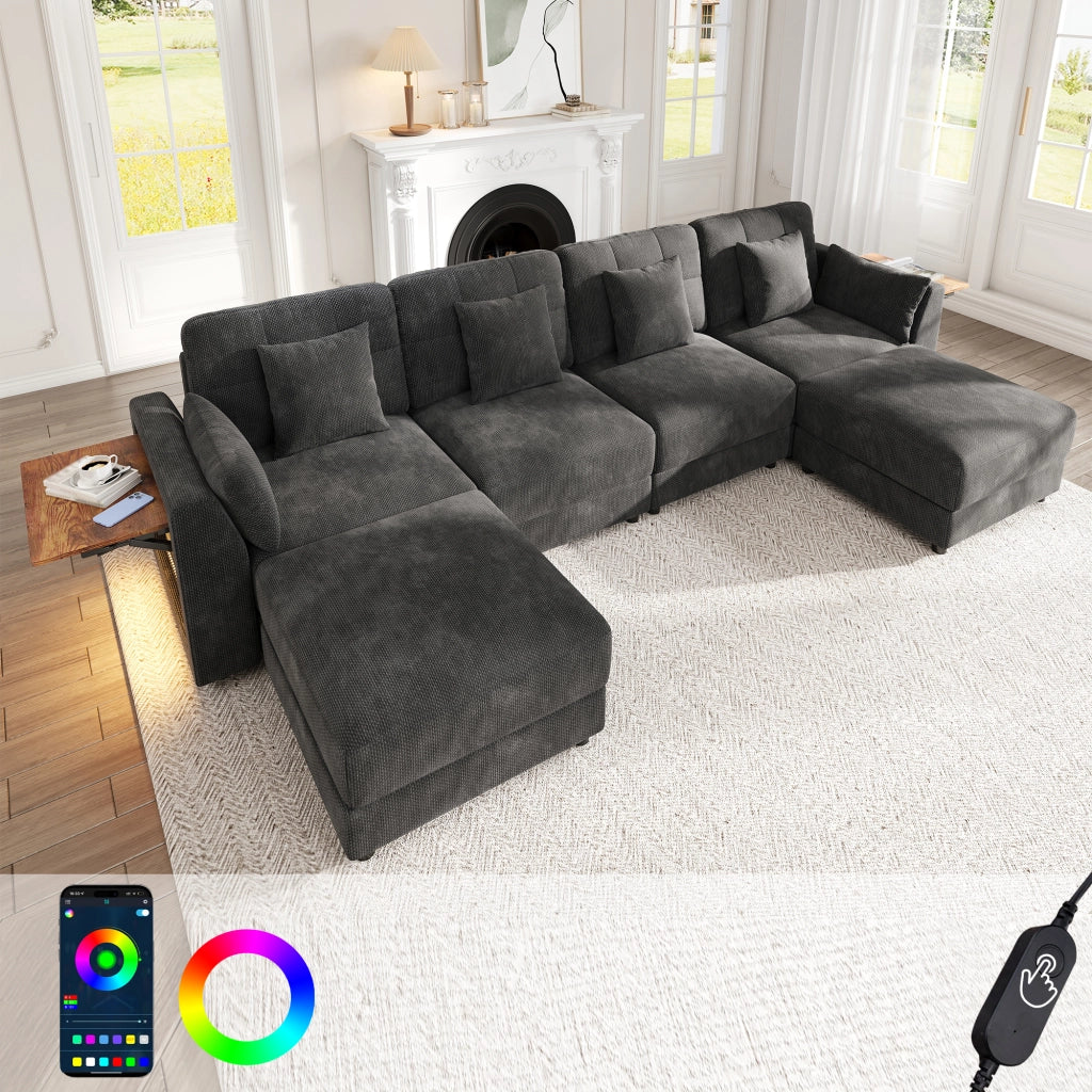 Divano ad angolo modulare in U/L con pouf mobile 2; LED; bracciolo pieghevole e cuscini 6; tessuto ciniglia; Grigio