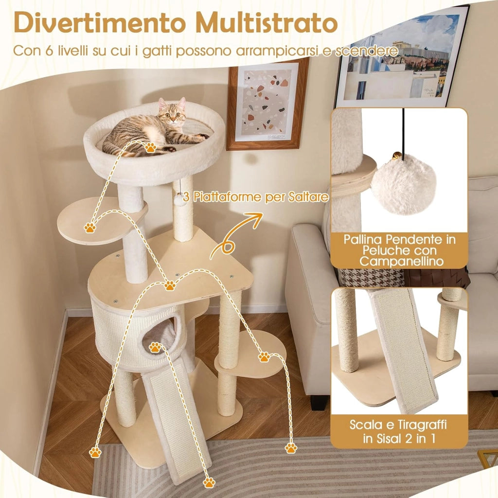 Albero per Gatti, Tiragraffi per Gattini in Legno Alto 143 cm con 2 Posti per Grattare in Sisal, Condominio, Piattaforma, Giocattolo Sospeso e Cuscino Lavabile, Mobile Moderno per Arrampicata