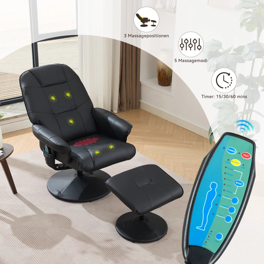 Poltrona Relax Massaggiante con Riscaldamento; Poggiapiedi e Rotazione 360°; Ecopelle Nera