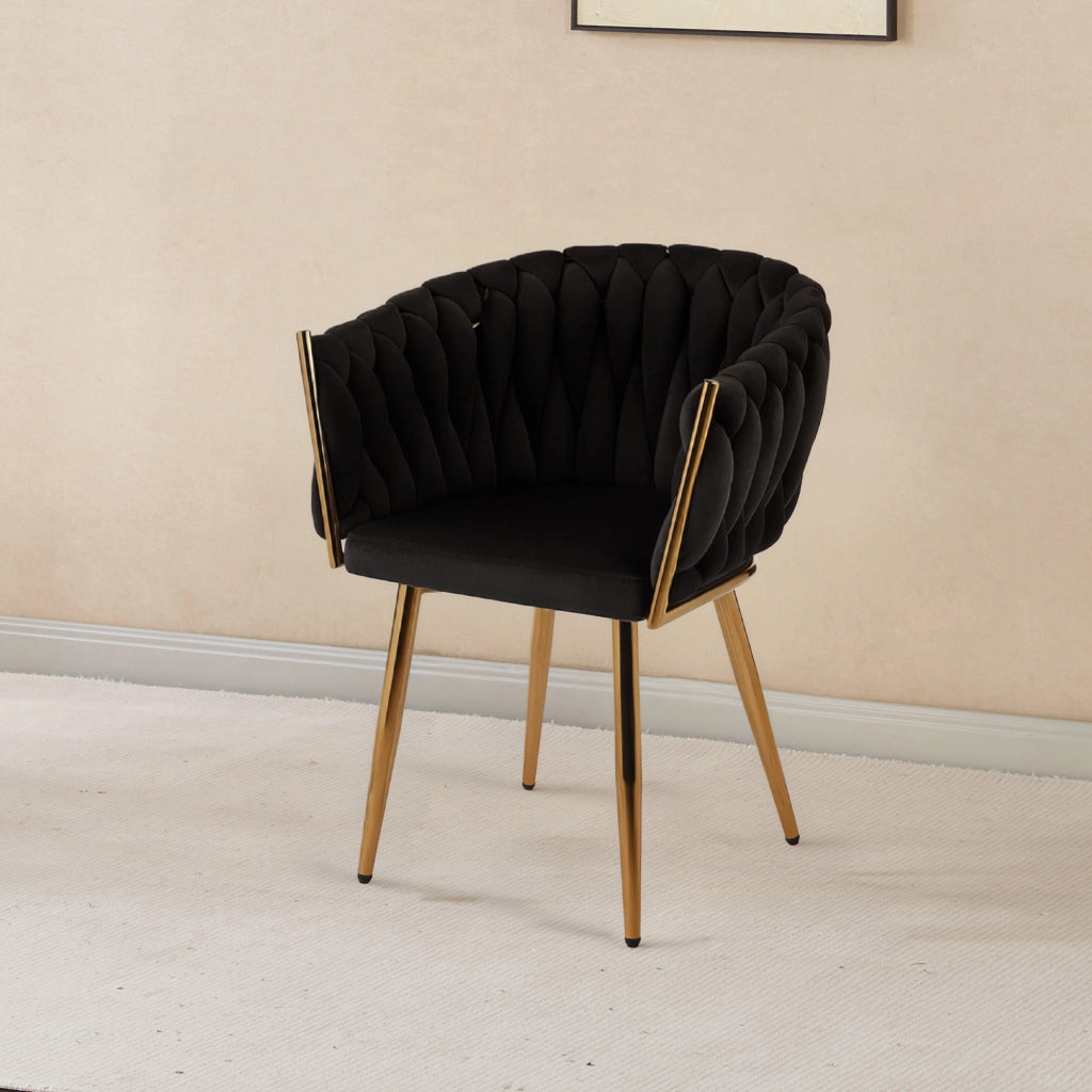 Poltrona Con Schienale In Velluto Intrecciato Design Moderno, Sedia Imbottita Circolare con Gambe in Metallo Placcato Oro Poltroncina Sala Pranzo Camera Salotto Cucina con Seduta Morbida Nero