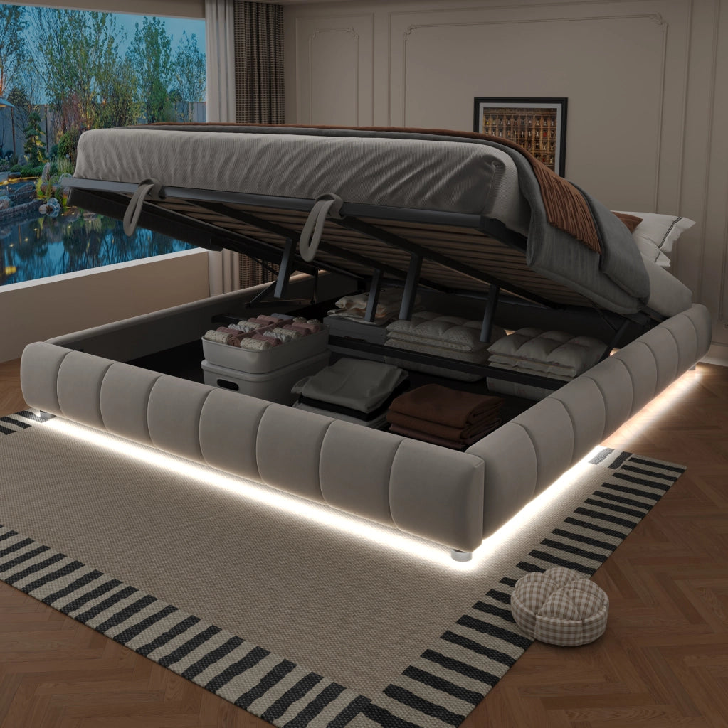 Letto imbottito 180x200 cm con contenitore idraulico e LED