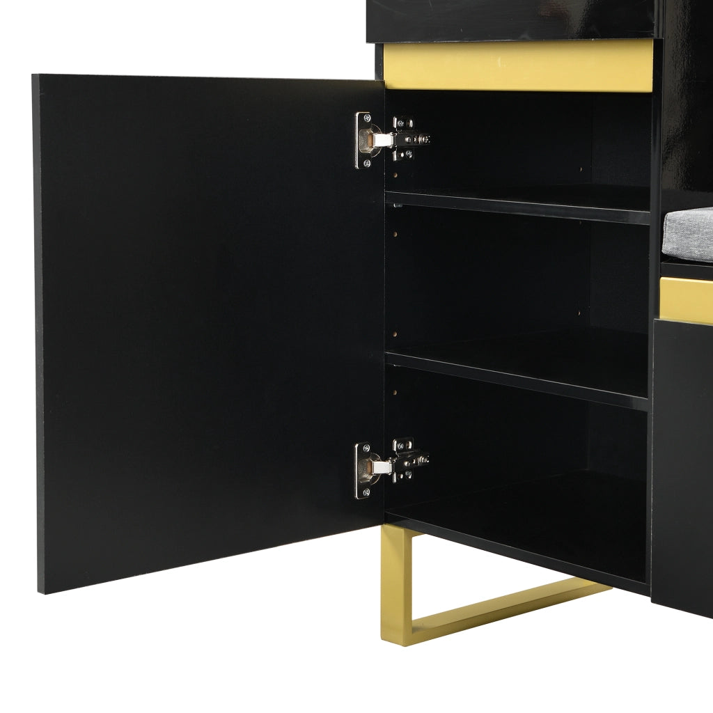 Mobile da ingresso multifunzionale con panca imbottita, cassetto e vano aperto in MDF nero 120 × 35 × 85 cm