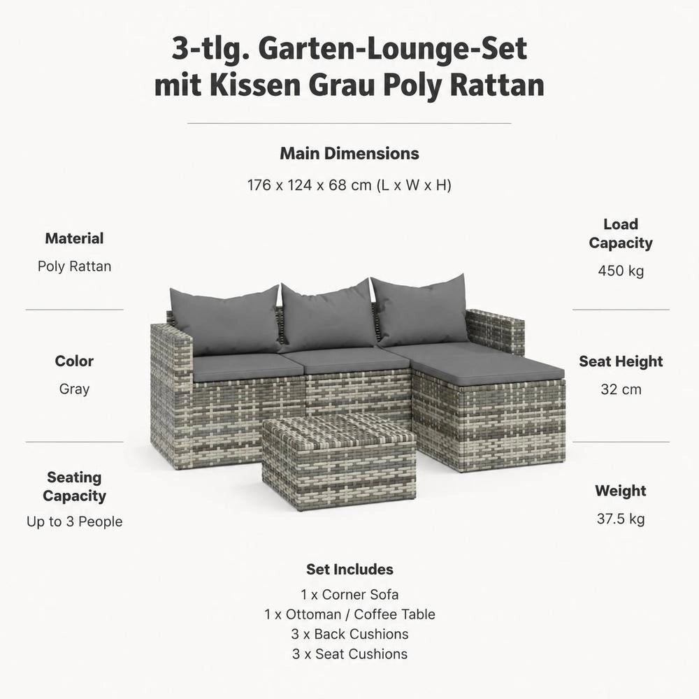 3-piece Garden Lounge Set With Cushions, Grey Poly Rattan