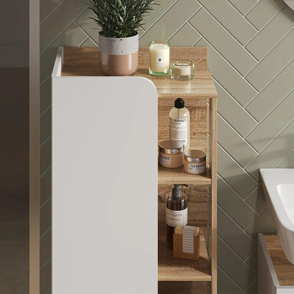 Mobiletto bagno Karen, Sonoma/Bianco, 50 x 128 cm con anta e vani a giorno, per la conservazione di articoli da bagno e asciugamani
