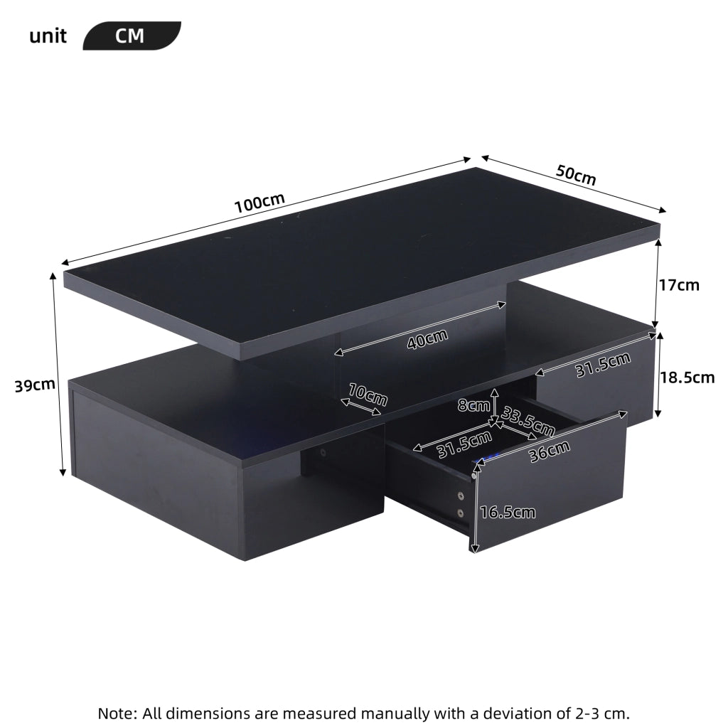 Tavolino da caffè 100x50x39 cm; LED dimmerabile con vano aperto e cassetto; truciolare nero