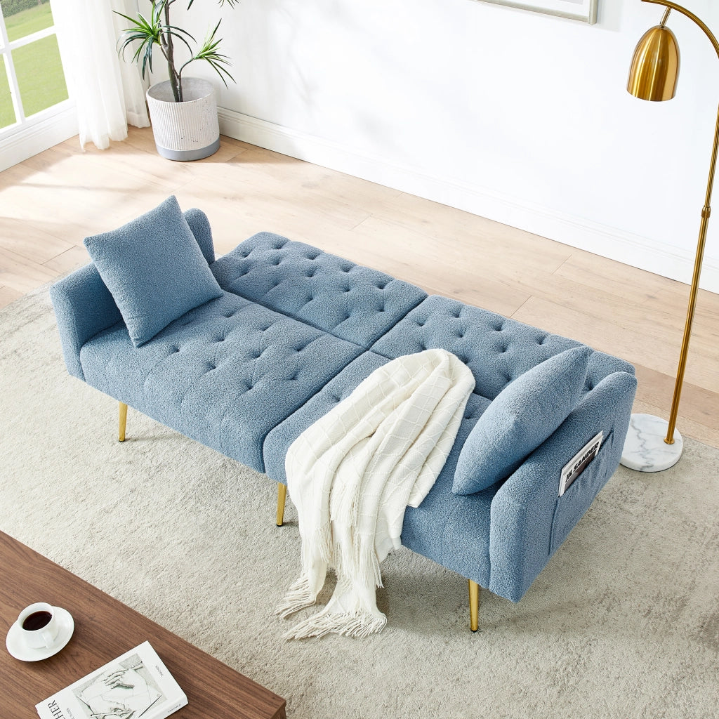 Divano a 2 posti con schienale reclinabile a 3 livelli e 2 cuscini, gambe in metallo dorato, teddy fleece blu