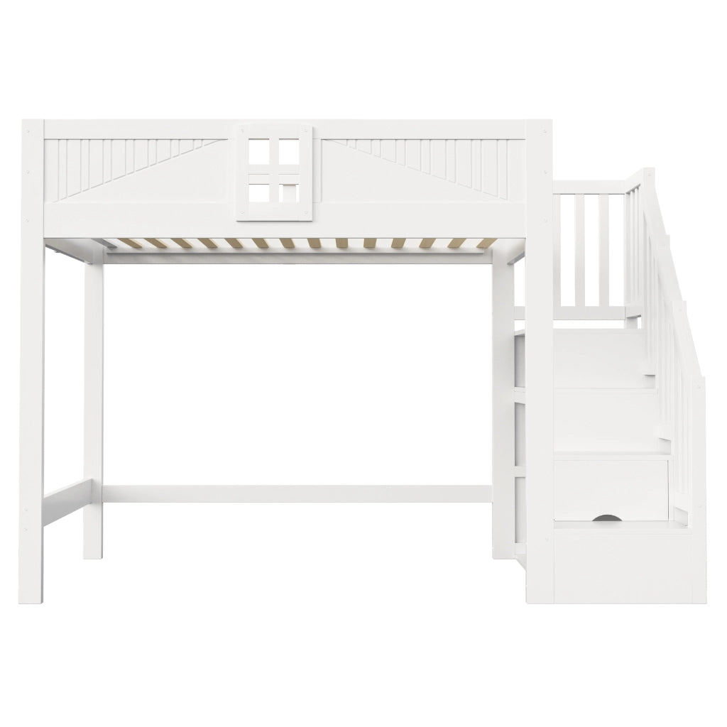 Letto a soppalco letto matrimoniale 140 × 200 cm con scala contenitore, ripiani e finestra, senza materasso, in legno, bianco