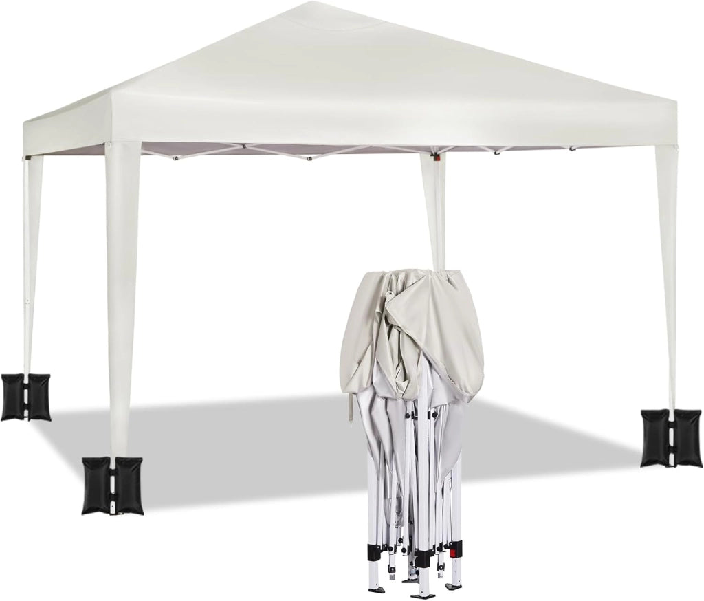 Gazebo da Giardino Richiudibile 3x3m Gazebo da Esterno in Ferro Regolabile in Altezza Tendone Pieghevole con Set di 4 Sacchi di Sabbia, Facile da Montare Beige