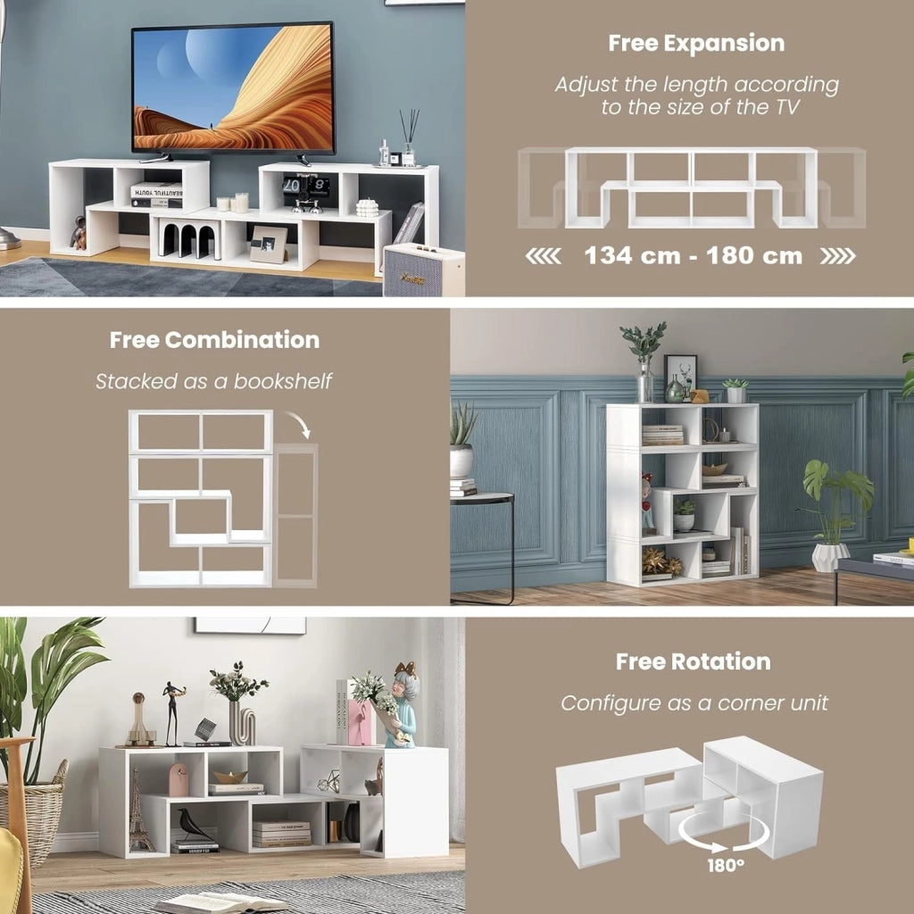 Mobile TV con Ripiani Aperti, Supporto per TV Moderno Fino a 65 Pollici, Ideale per Soggiorno,Camera, 2 Colori,134-180x30x43 cm (Bianco)