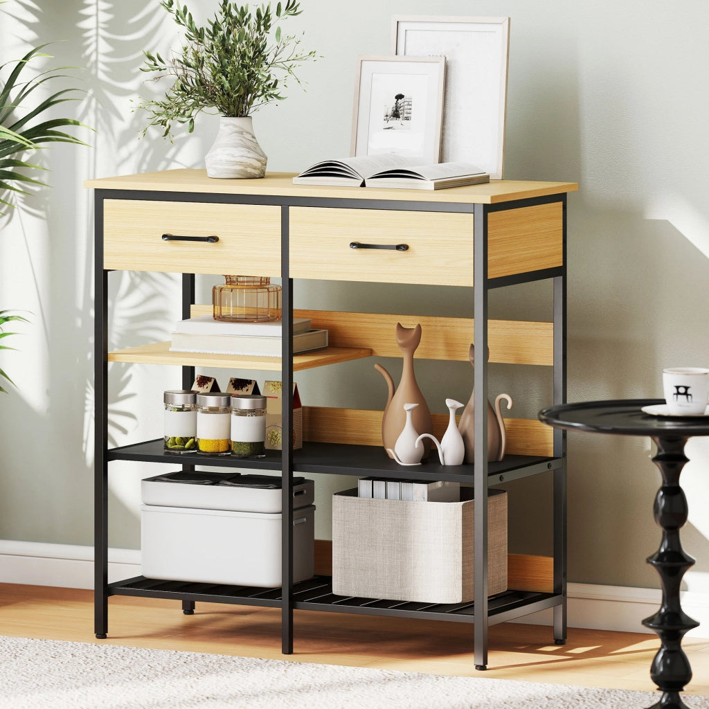 Cassettiera con 2 cassetti e 3 ripiani aperti per cucina e soggiorno ¨C Minimal ¨C 90x40x91 cm, legno naturale