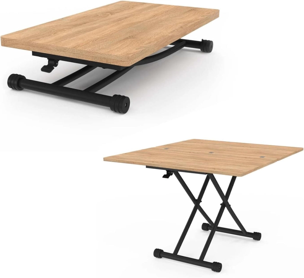 Tavolino 2 in 1 URBANA, trasformabile in tavolo da pranzo rettangolare, 100 cm, legno e nero, design industriale