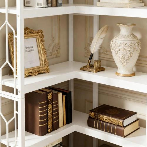 Libreria angolare autoportante in legno ingegnerizzato e metallo, design esagonale, colore bianco