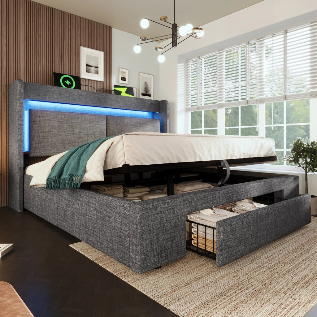 Letti contenitori 180x200 cm con contenitore idraulico; testiera con USB e USB-C; lino grigio (Senza materasso)
