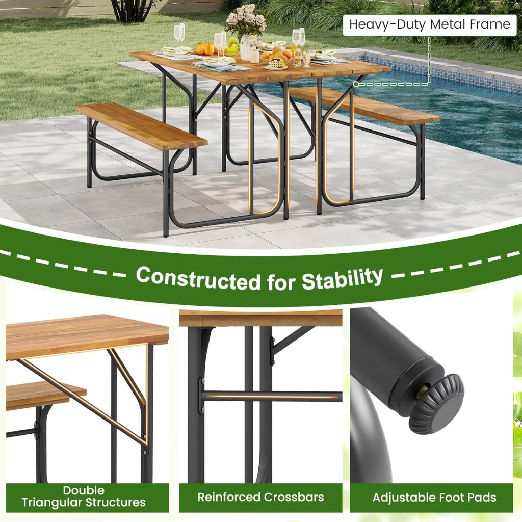 Panca da tavolo da picnic mezza per 2 persone, set tavolo da pranzo e panca in legno di acacia con struttura in metallo resistente, per patio, veranda, giardino, cortile posteriore
