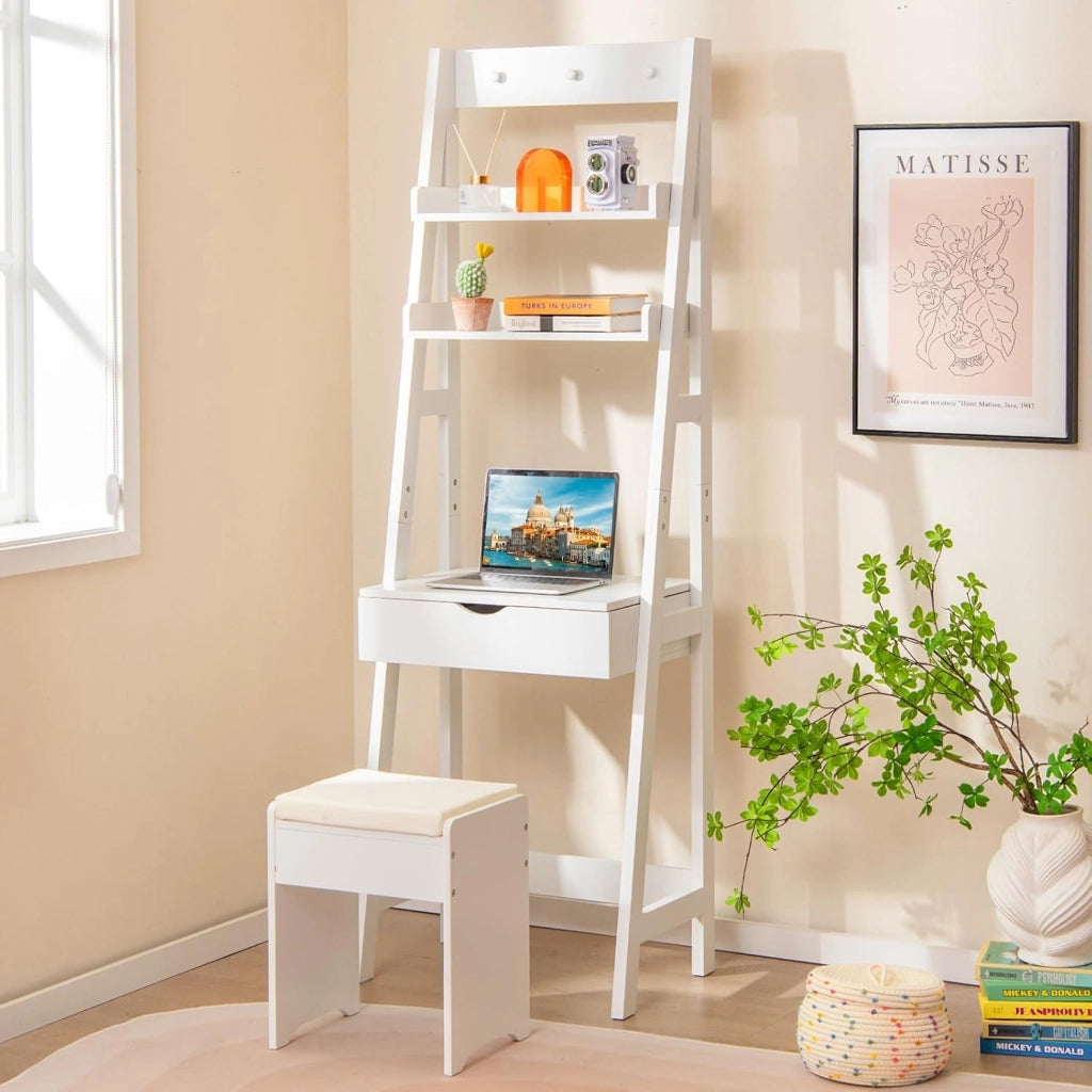 Tavolo da Toeletta con Sgabello con 3 Ganci, Scaffale da Stocaggio per Cosmetici, Set Mobile Camerette con Specchio Apribile, 60x40x180 cm