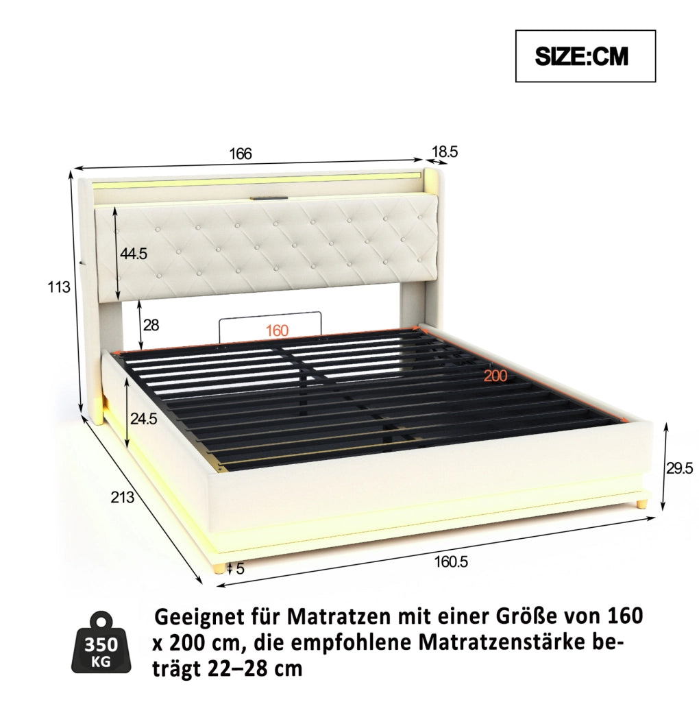Letto imbottito LED 160x200 cm beige con USB e contenitore