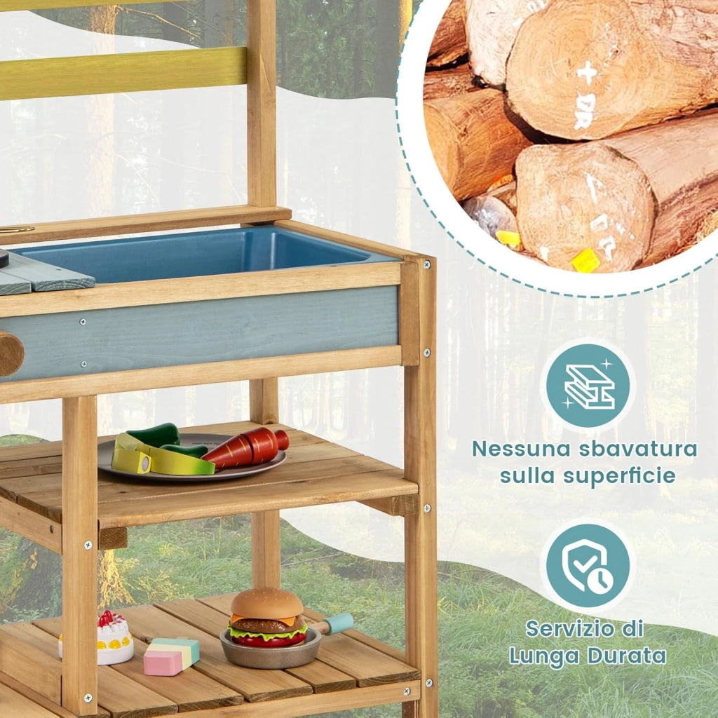 Cucina Giocattolo per Giardino, Cucina per Bambini con 2 Fornelli a Manopola, Lavandino e 3 Ganci, Set Cucina con Ripiani Aperti, 75 x 36 x 92 cm (Naturale, Senza Serbatoio dell'acqua)