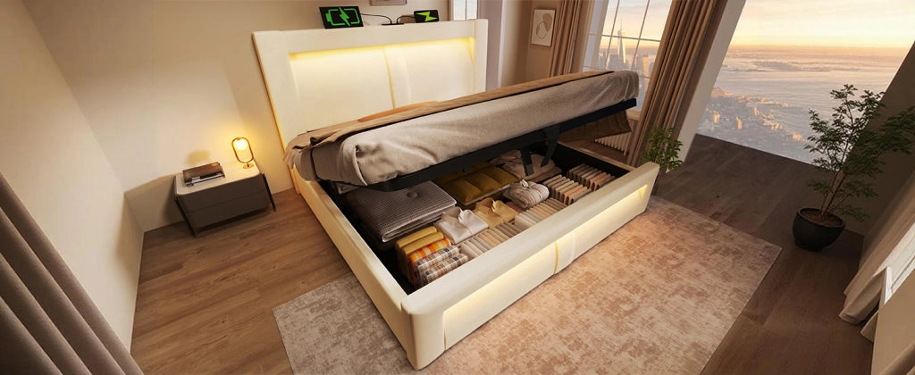Letto contenitore matrimoniale 140 × 200 cm con contenitore idraulico, LED, USB e Type-C, con materasso, in velluto beige