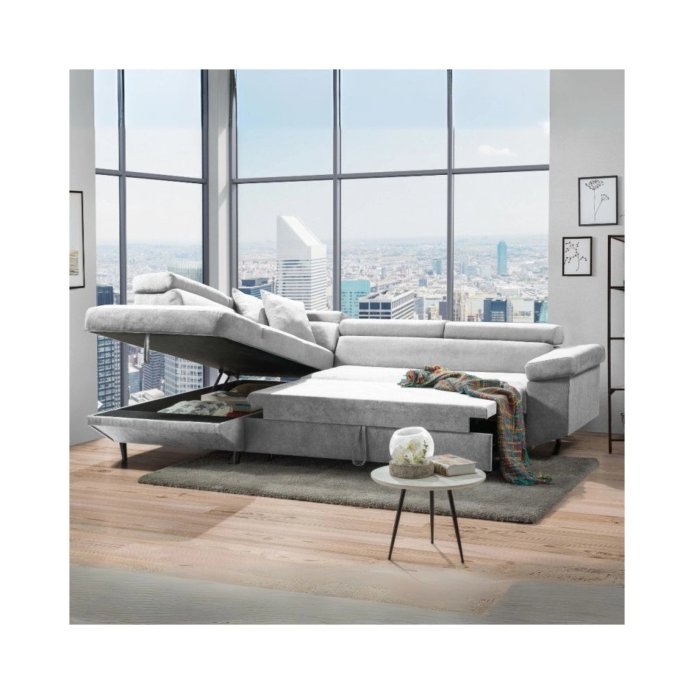 Divano angolare letto estraibile e penisola contenitore sinistra Denver colore grigio chiaro Ronda80 297x206x77H